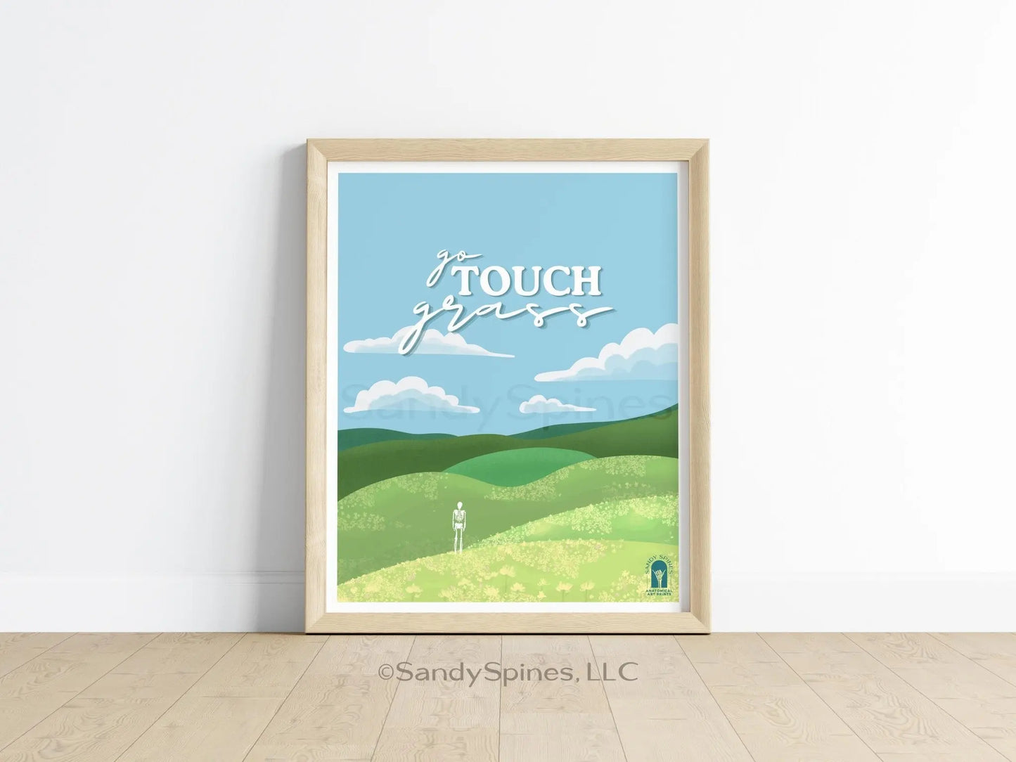Go Touch Grass poster on floor in chiropractic office