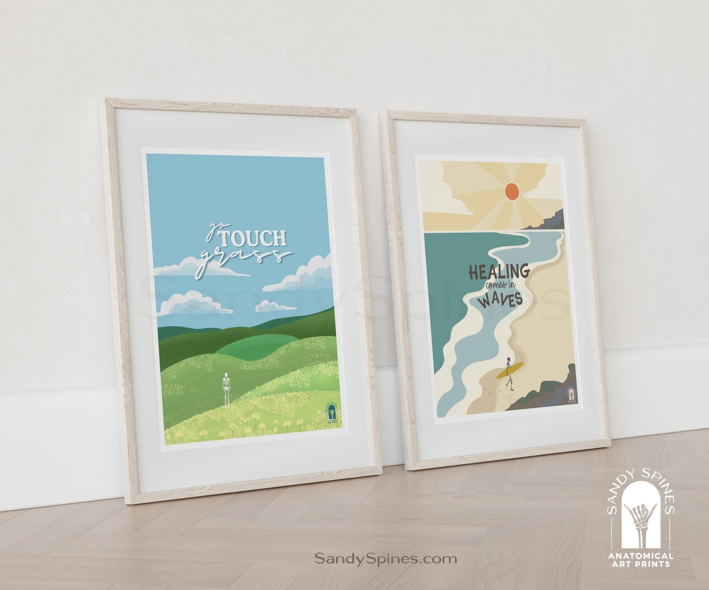 Go Touch Grass poster with healing comes in waves poster at PT clinic