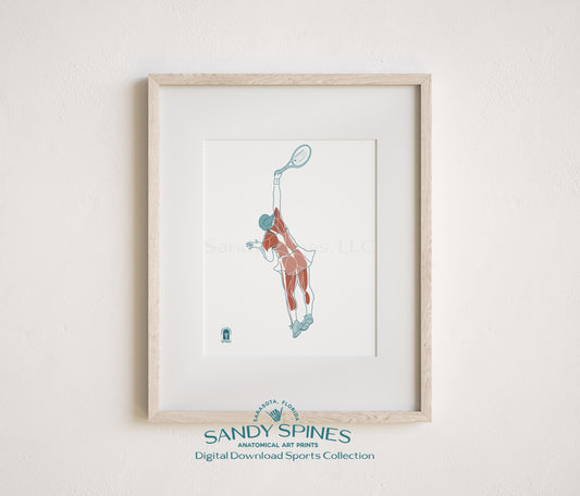 Anatomical illustration of a female tennis player in motion, sports anatomy art print by SandySpines